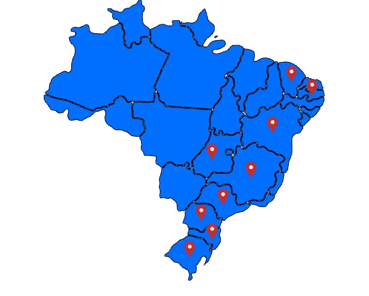 Mapa do Brasil com marcações das regiões atendidas pela NST Print